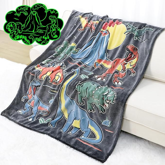 Glow in The Dark Dinosaur Blanket Toddler Boy Kids Dino Present Gifts Soft Fuzzy Fleece Throw Blanket Decorations for Couch Sofa Bedroom