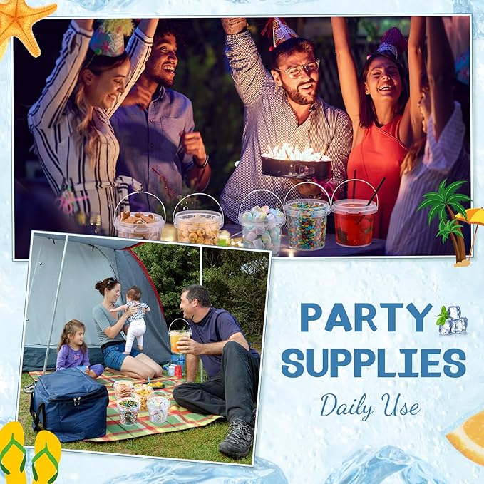 24 Pcs Ice Cream Bucket Clear Plastic Bucket with Lids and Straws Drinks Containers Plastic Food Storage Pail for Summer Cold Drink Beach Parties