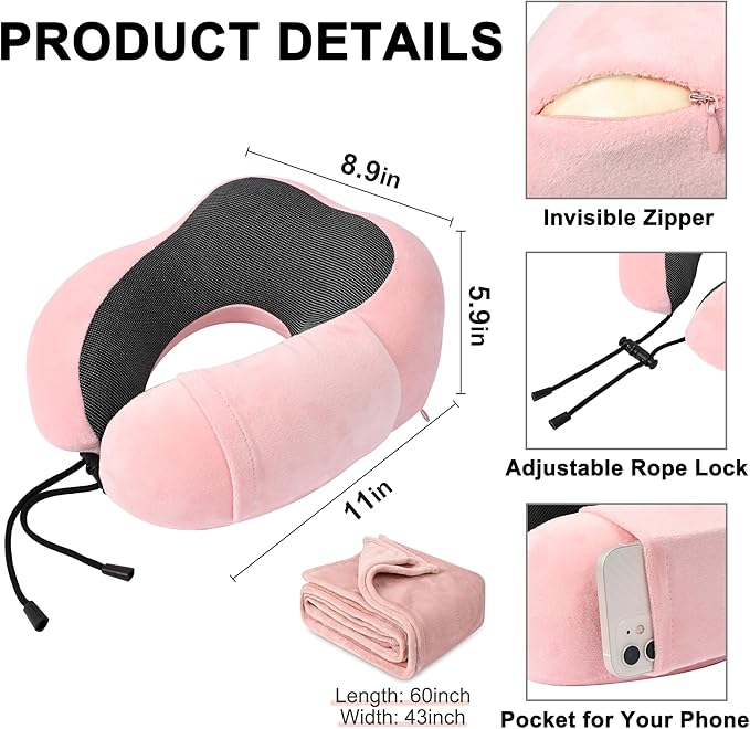 Travel Pillow and Blanket Set Neck Pillow Airplane Memory Foam for Traveling Compact with Bag Pink