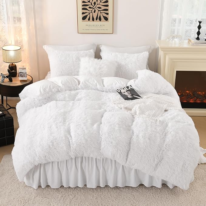 Litanika White Fluffy Comforter Full Size, Luxury Shaggy Plush Fuzzy Bedding Set for Full Bed, Ultra Soft Warm Velvet Comforter 3 Pieces(1 Faux Fur Comforter 79×90 Inch, 2 Pillowcases)