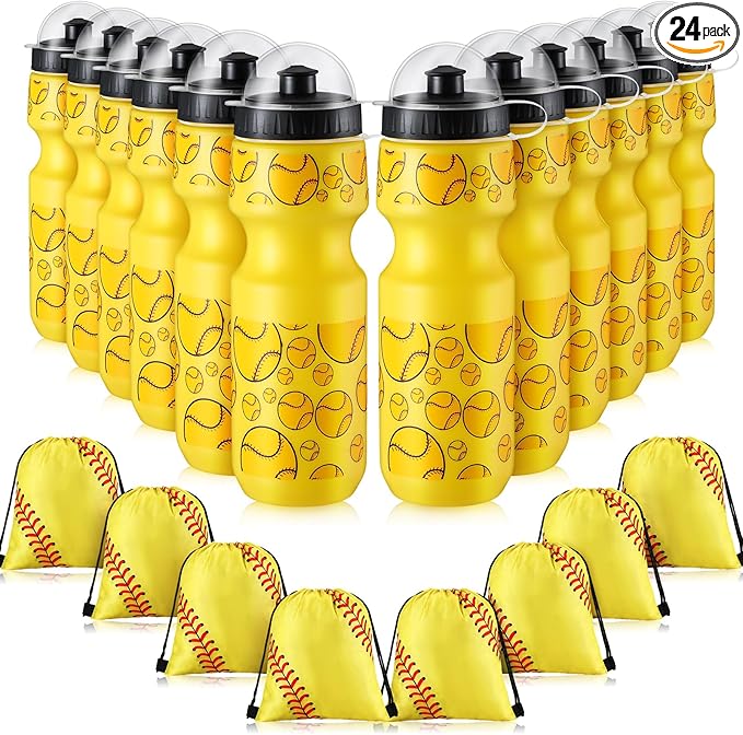 24 Pcs 24 oz Baseball Water Bottle Bulk and Drawstring Bag Set 12 Reusable Plastic Biking Water Bottle Tumbler 12 Sport Gym Goodie Gift Bag for Party Favor (Yellow)