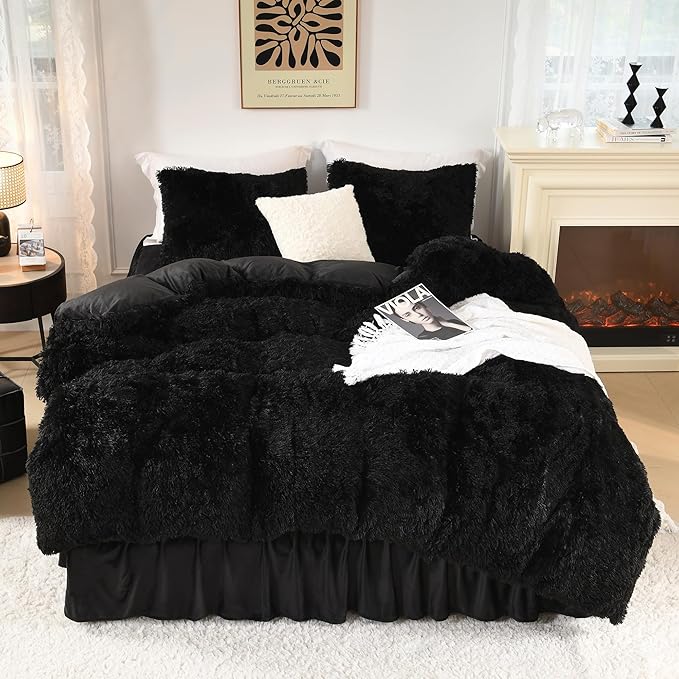 Litanika Black Fluffy Comforter King Size, Luxury Plush Faux Fur Bedding Set for King Bed, Ultra Soft Warm Velvet Fuzzy Comforter 3 Pieces(1 Shaggy Comforter 104×90 Inch, 2 Pillowcases)