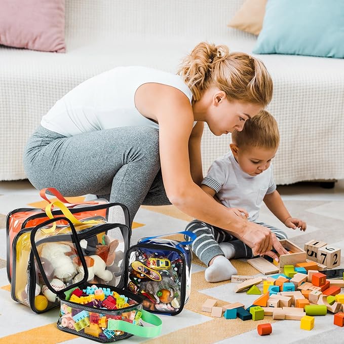 4 Pcs Toy Storage Bags PVC Travel Organizer Case Clear Reusable Toy Carrying Case with Portable Handheld for Building Blocks Car Toy Dolls Crafts Board Games Clay Puzzles Books Storage