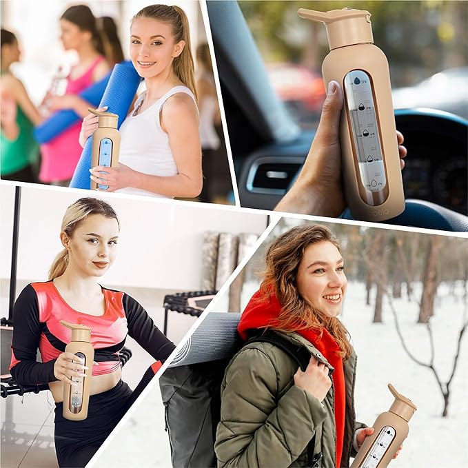 24oz Glass Motivational Water Bottle with Flip Lid Straw, Silicone Protective Sleeve, Handle, Reusable BPA Free (Amber)