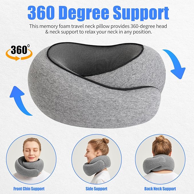 Travel Pillow Neck Pillow 2024, Memory Foam Neck Pillow Airplane, 360° Travel Neck Pillow Soft Neck Pillow for Traveling, Portable Travel Pillows for Airplanes Offices and Cars