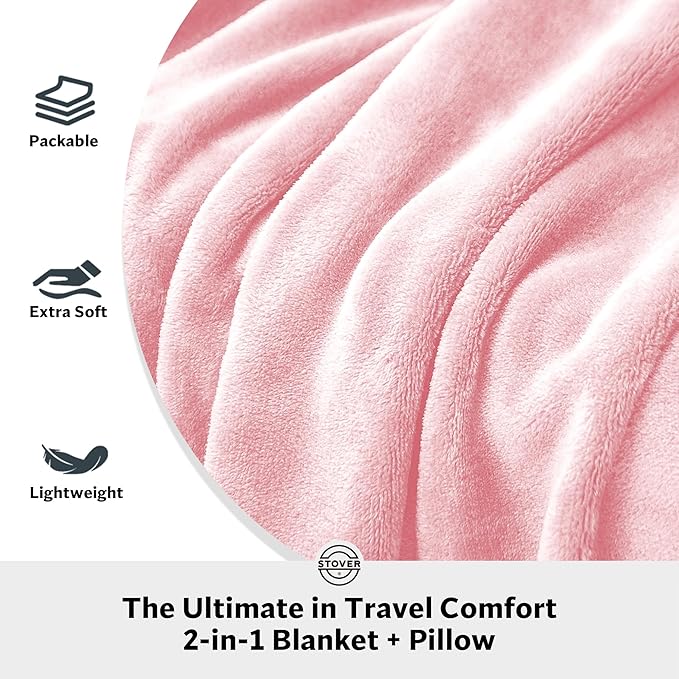 STOVER 2-in-1 Combo Airplane Travel Blanket & Pillow Bag- Lightweight, Compact, Packable, Warm Premium Fleece Set for Long Flights- w/Luggage Sleeve & Backpack Clip- for Men, Women & Families (Pink)