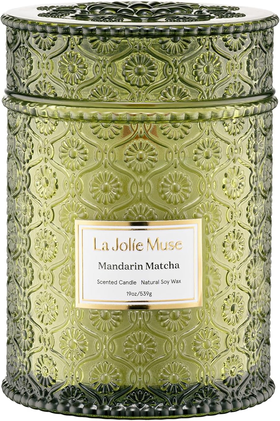 LA JOLIE MUSE Mandarin Matcha Candle - Bergamot, Matcha, Cedarwood | 19 oz Large Wooden Wick Candles | Natural Soy Wax | 90 Hours Clean Burn | Fresh Citrus Candle | Gift-Ready for Hosts