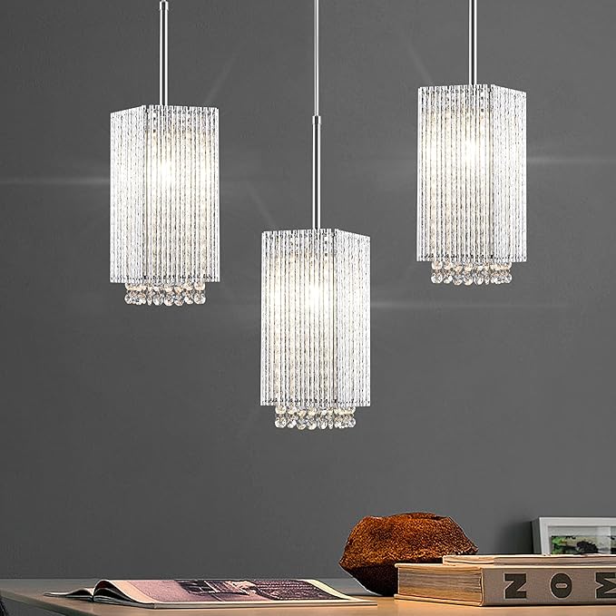 MO&OK 3 Pack Crystal Chandelier Modern Pendent Lights Adjustable Hanging Lighting with Metal Lampshade Rectangle Chandeliers for Kitchen Island Dinningroom,Entrance Living Room H9.8 xD5.2 Chrome
