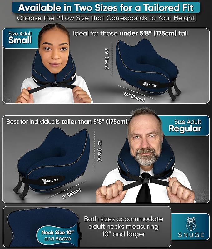 SNUGL Neck Travel Pillow - Memory Foam Airplane Pillow - Flight Pillow | Neck Support Travel Pillow with Carry Bag & Clip | Neck Pillows for Sleeping Travel Plane | Flying Travel Essentials - Navy