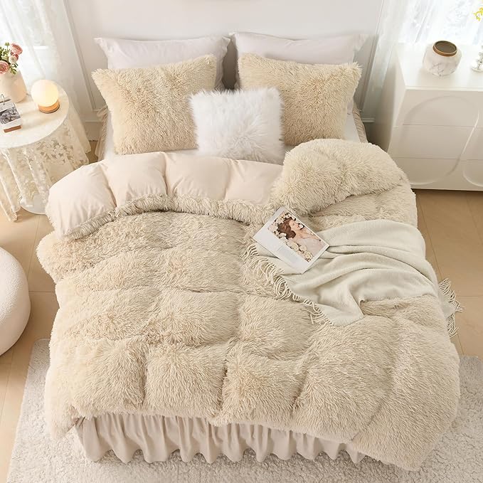 Litanika Beige Plush Comforter Full Size, Luxury Fluffy Shaggy Bedding Set for Full Bed, Ultra Soft Velvet Faux Fur Comforter 3 Pieces(1 Fuzzy Comforter 79×90 Inch, 2 Pillowcases)