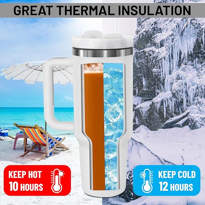 40oz stainless Steel Insulated Tumbler with Handle, lid and straw for cold water, Iced tea, or coffee - 100% Leak-Proof - Cupholder Friendly Travel Mug- Gifts for Women Men Him Her (white)