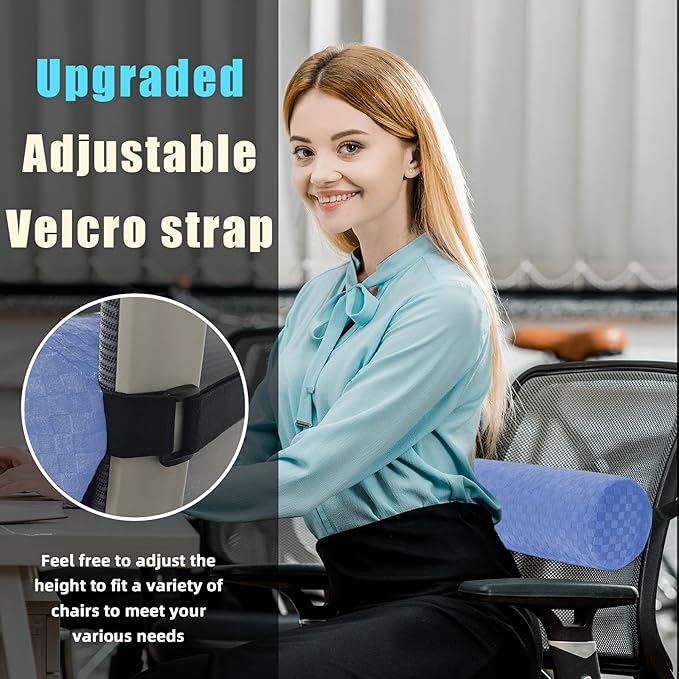 Lumbar Roll Pillow for Lower Back, Lumbar Support Foam Roll Cushion with Pillowcase and Upgraded Strap for Office, Chair, Car, Seat Pain Relief & Improving Posture (Light Blue, Short-11*4.3'')