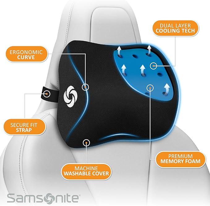 SAMSONITE, Infused-Gel Car Neck Pillow with Airflow Memory Foam, Headrest Support Cushion for Driving, Universal - Fits Any Vehicle, Including SUVs and Trucks, Washable Cover, Large Size, Black…