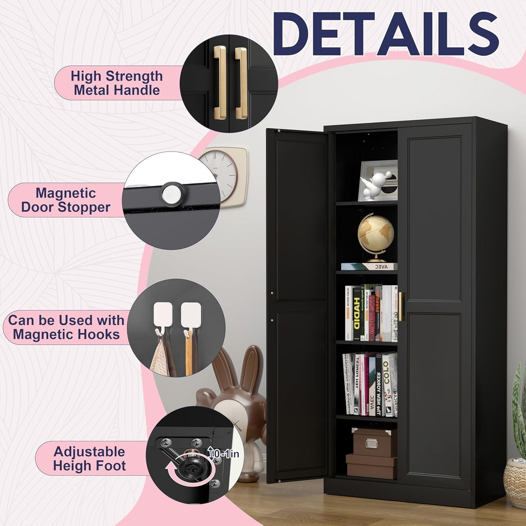 71" Storage Cabinet, Metal Pantry Cabinet, Kitchen Pantry Storage Cabinets with Doors and 4 Shelves for Laundry Room, Living Room, Dinning Room, Assembly Required, Black