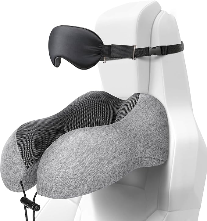 ALLJOY Travel Neck Pillow for Sleeping-Prevents Head Forward,100% Pure Memory Foam Travel Pillow with Eye Mask, Adjustable Clasp, and Seat Strap - Comfort Travel Kit for Airplane, Train, Car