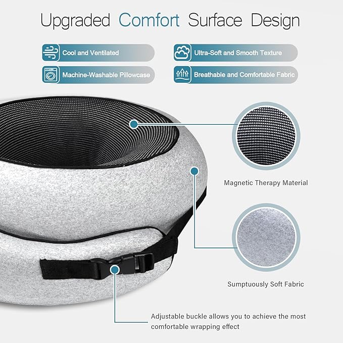 PORTHOLIC 2024 Upgraded Neck Pillow with Buckle for Travel, 100% Pure Memory Foam Travel Neck Pillow for Airplane Travel Flight Headrest Sleep, Portable Plane Accessories (Light Grey)