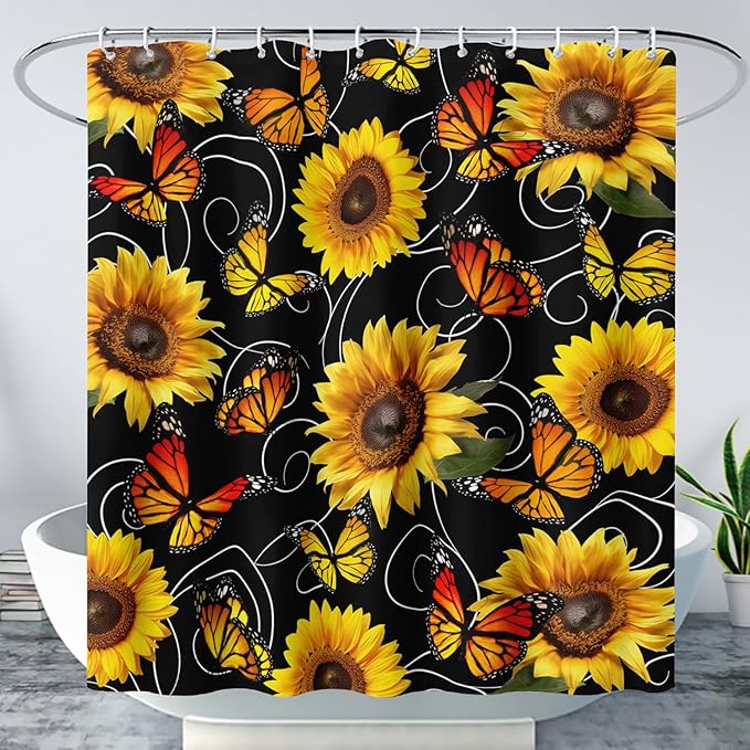 AILONEN Yellow Sunflower and Butterfly Shower Curtain,Garden Flower Black Bath Curtain,Modern Botanical Floral Waterproof Shower Curtain, 36" W x 72" H