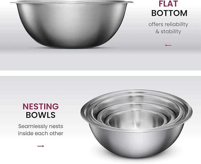 FineDine Stainless Steel Mixing Bowls (Set of 5) Stainless Steel Mixing Bowl Set - Easy To Clean, Nesting Bowls for Space Saving Storage, Great for Cooking, Baking, Prepping