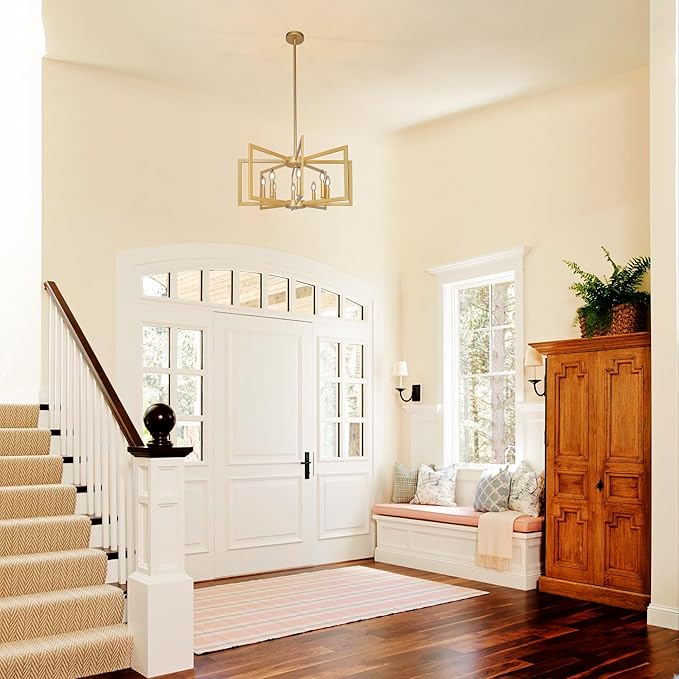 8-Light Modern Farmhouse Gold Geometric Chandelier, Large Industrial Metal Kitchen Light Fixtures, Rustic Cage Hanging Lights for Dining Room Entryway Foyer Living Room Stairway