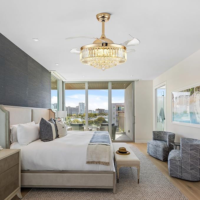 42'' Gold Crystal Chandelier Fan Fandelier Retractable Ceiling Fan with Light and Remote, Invisible Fandelier Ceiling Fan with Light for Bedroom Living Room(crystal-gold)