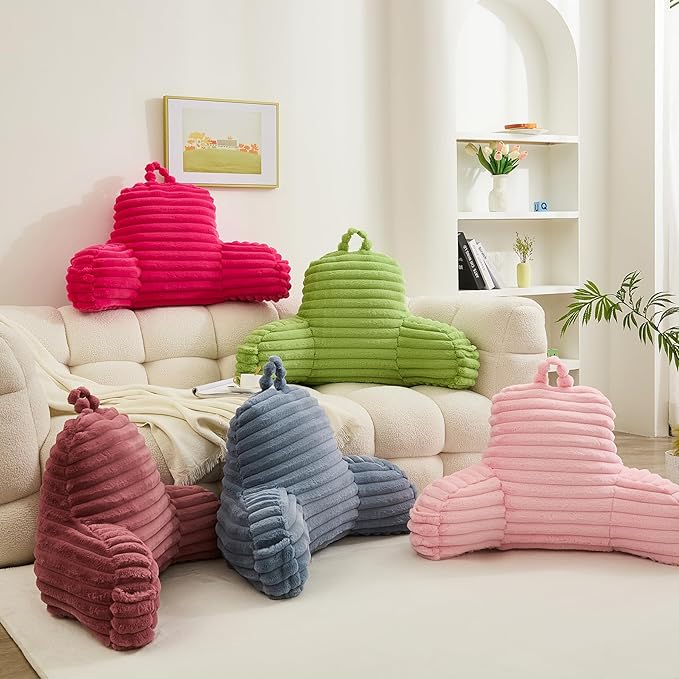 WERDIM Reading Pillow for Sitting in Bed, Faux Fur Back Pillow for Bed Rest, Bed Chair Pillow with Arms and Pockets(Large, Sage)