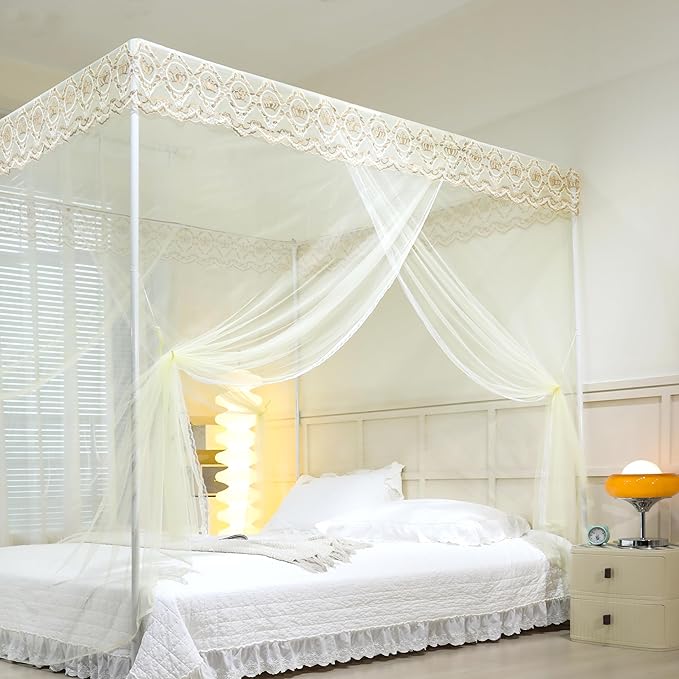Bed Canopy, Princess Bed Curtain Net for Girls & Adults，Three-Doors Rectangle Lace Dome Netting (Yellow, King)