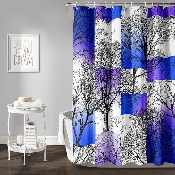 AILONEN Blue and White Tree Abstract Shower Curtain,Minimalist Printed Plant Tree Arts Bath Curtain,Modern Boho Waterproof Curtain for Bathroom Decor, 72" W x 72" H