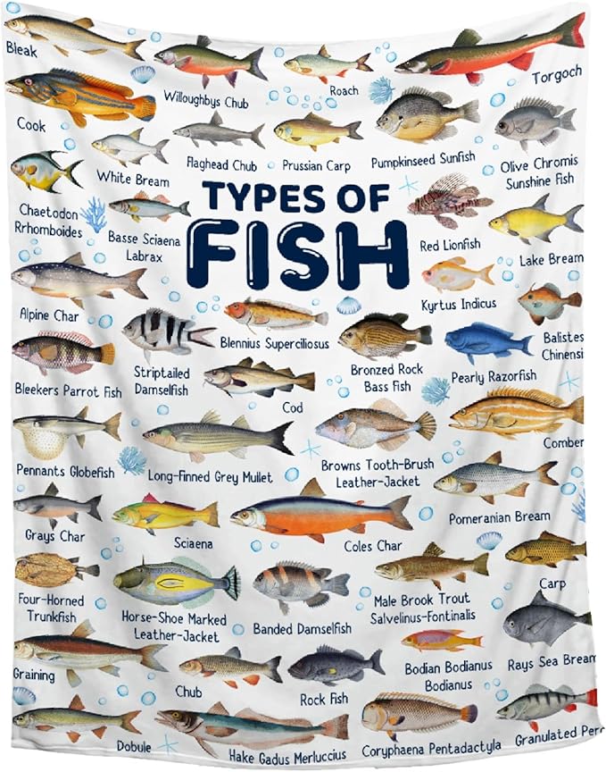 Fish Throw Blanket,Types of Fish Blanket Fish Blanket Gifts,Ultra Soft Lightweight Flannel Blankets Warm Fuzzy Cozy Plush Blankets for Couch Sofa Bed Living Room,Kids Size-40"x50"