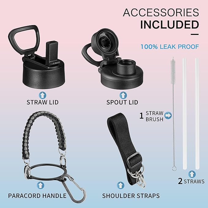 32 oz Insulated Water Bottle with Paracord Handles & Strap, 2 Lids(Straw Lid&Spout Lid), Stainless Steel Reusable Wide Mouth Metal Water Bottle With Straw, Double Walled, Thermo Mug(Black Gray)