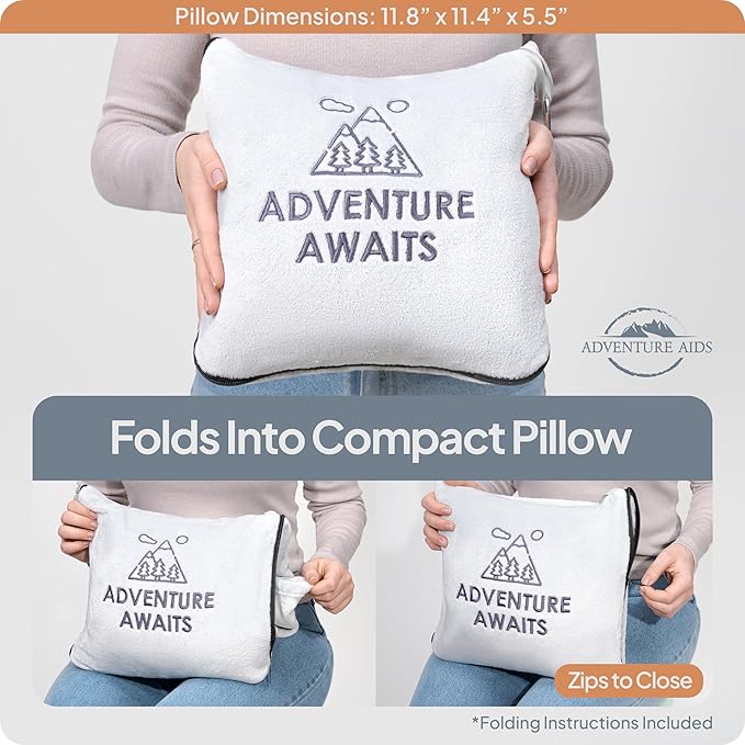 Travel Pillow & Blanket Set - Super Soft 2 in 1 Blanket with Cozy Hand & Feet Pouches Zip into Plush Pillows - Large Size Wraps You in Warmth on Airplanes - Luggage Sleeve & Backpack Clip (Gray)