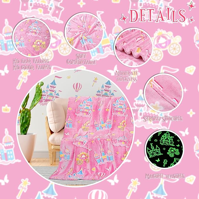 BORORO Glow in The Dark Blanket Castle Pink Blanket Birthday Gifts for Toddler Kids Girls Blankets