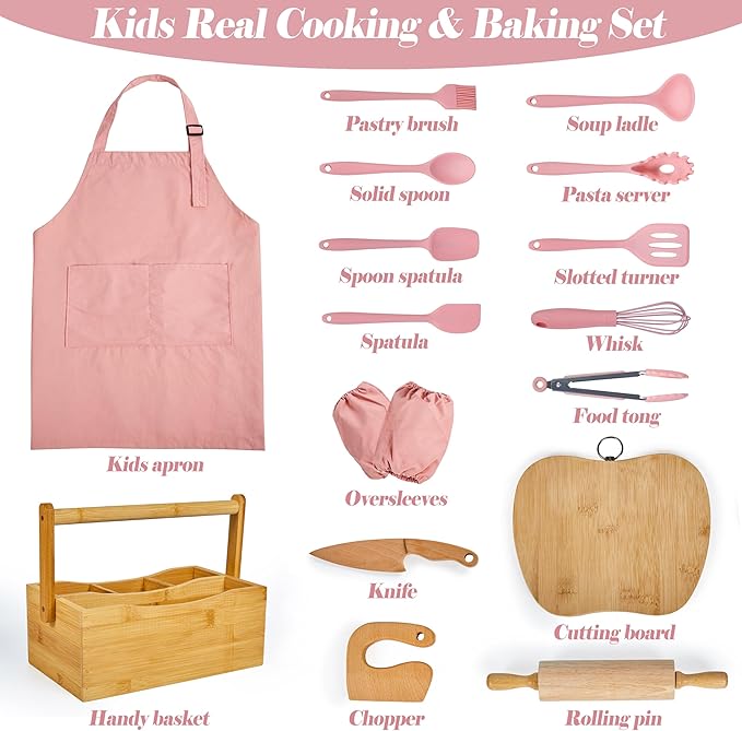 Kids Cooking & Baking Sets Real Little Chef Cooking Utensils Kitchen Set Gifts for Girls Boys Juniors with Utensils Cutting Board Kids Safe Knife Rolling Pin Apron Carrying Basket (Coral Pink)
