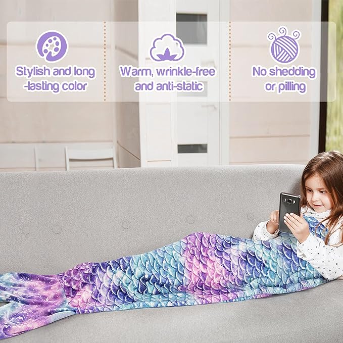 Catalonia Toddlers Mermaid Tail Blanket, Super Soft Plush Flannel Sleeping Snuggle Blanket for Kids, Mermaid Gifts for Girls 4-6, Fish Scale Pattern, Galaxy