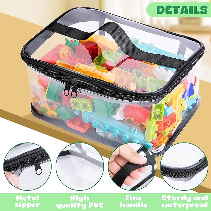 4 Packs Clear Toy Storage Bags- 9.4 x 6.7 x 4.3 Inch Transparent PVC Toy Organizing Bags with Zipper- Waterproof Toy Storage Organizer Pouch for Building Blocks, Small Toys (Black)