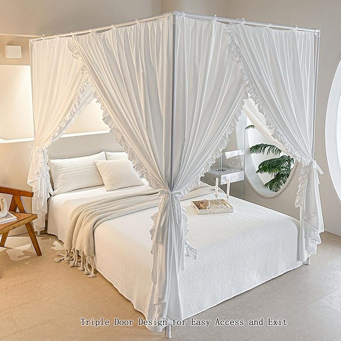 AIKASY Princess Canopy Bed Curtains with Top Ties - Windproof & Lightproof for Girls' Adult Bedroom Decor | Bed Canopy Drapes (King,White)