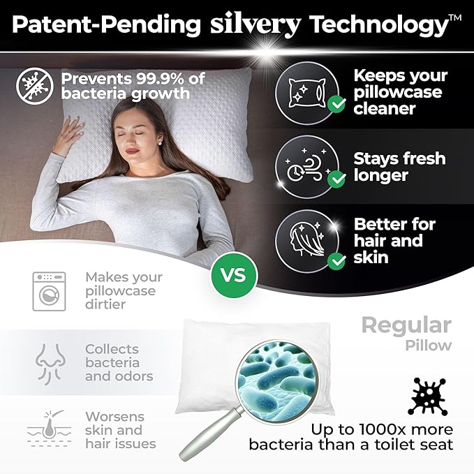 Silvery Memory Foam Bed Pillow - Patent-Pending Clean & Cool Technology - Adjustable Pillows for Side, Back & Stomach Sleepers, Queen Size 19” x 29”
