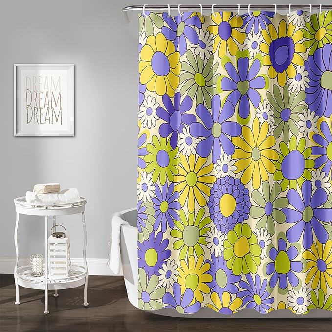 AILONEN Flower Shower Curtain for Bathroom,Polyester Fabric Waterproof,Purple Yellow Plants Flowers Bath Curtains Washable, 72" W x 78" H