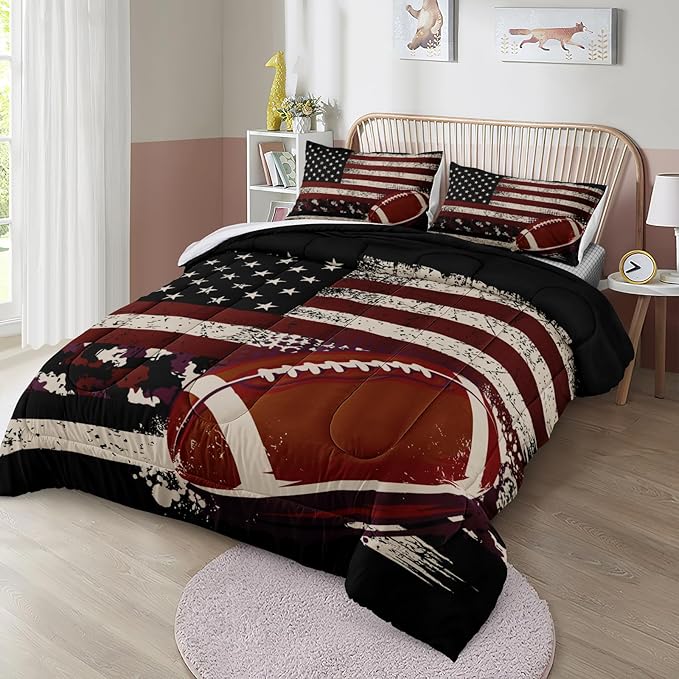 Bedbay Flag Camo Comforter Set Camouflage Bedding American Flag Comforter Set Queen Vintage Camo Football Bedding Teen Boys Military Army Comforter 4 Pcs Rugby Ball Games Sports Theme Duvet Set
