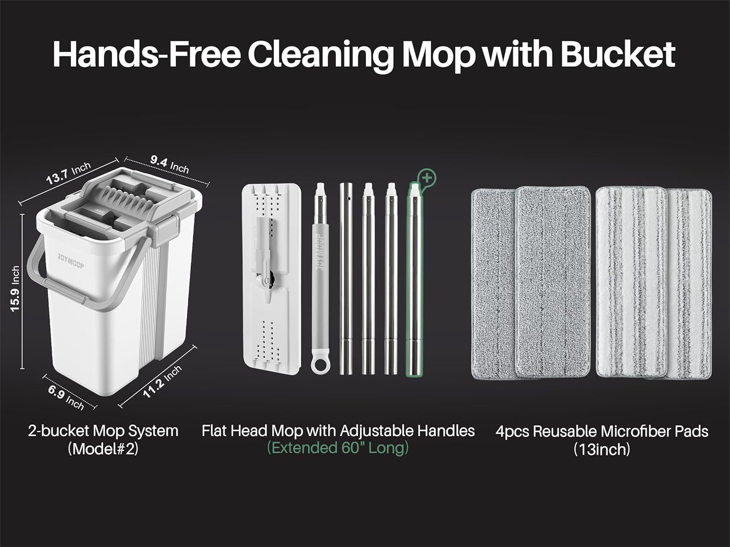 JOYMOOP Mop and Bucket with Wringer Set, Flat Squeeze Mop Flat Head, Dust Mops for Wall Cleaner with Long Handle, Hands-Free Microfiber Mops for Floor Cleaning - White