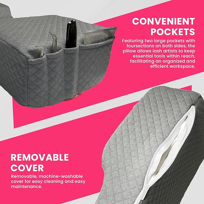 Pillow for Eyelash Extensions - Curved Memory Foam Lash Bed Pillow with Neck and Back Support, Perfect Pillow for Eyelash Extensions, Two Pockets for Tools On The Sides of Pillow (Gray)