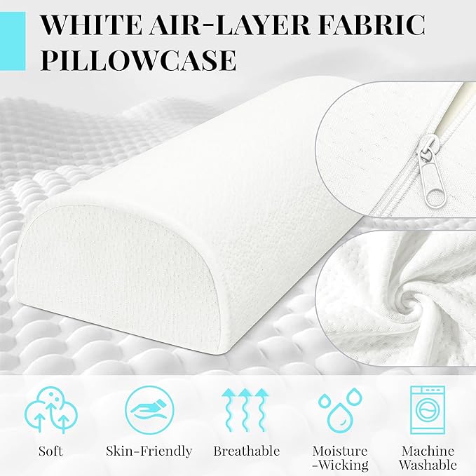 Large Knee Pillow for Side Sleepers Memory Foam Leg Pillows for Sleeping Yoga Bed Half Moon Bolster Pillow for Neck Pain Relief with Pillowcase 23.6"x8.7"x5"(Air Layer White, Extended Size)