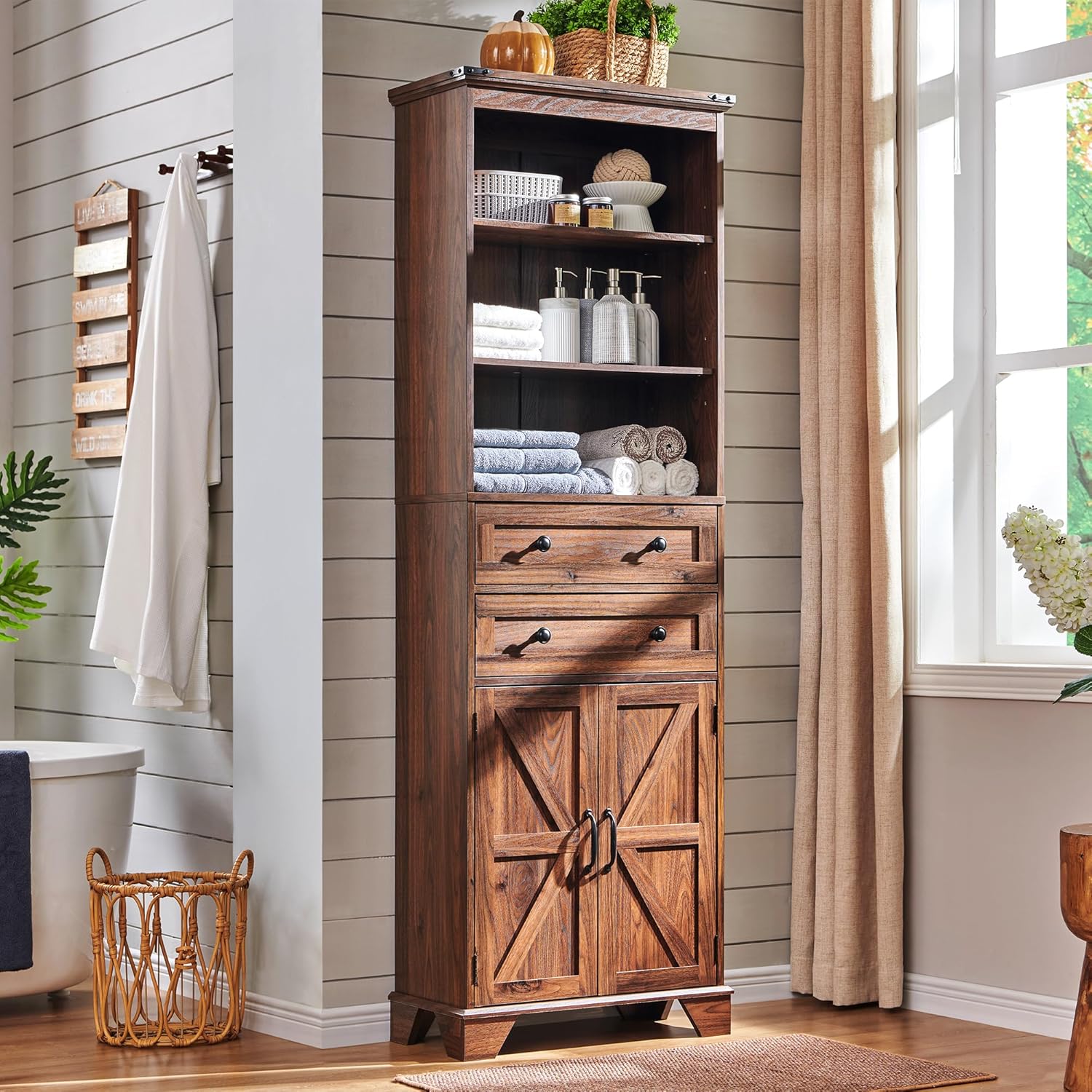 72" Tall Bathroom Storage Cabinet, Farmhouse Storage Cabinet with Adjustable Shelves, Barn Door & 2 Drawers, Cabinet for Bathroom, Living Room & Kitchen, Brown