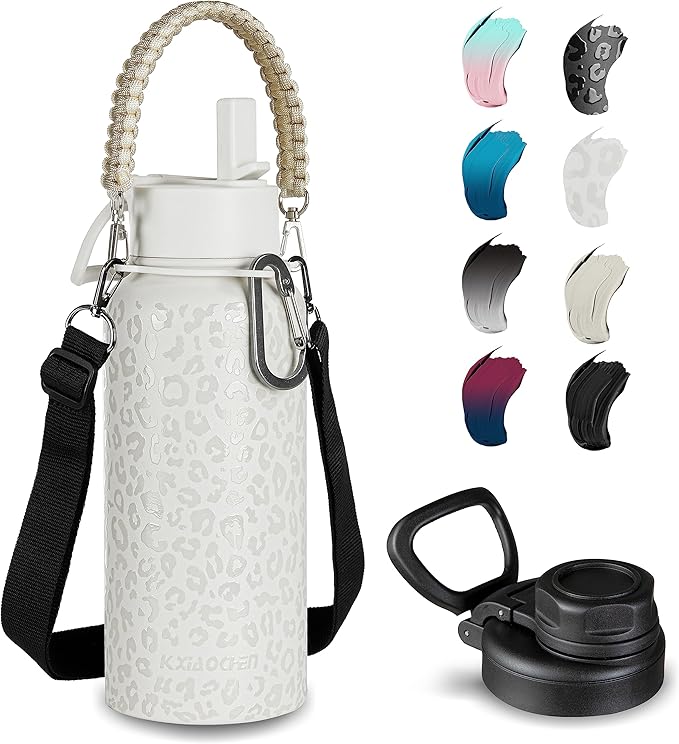 32oz Insulated Water Bottle with Paracord Handles & Strap, 2 Lids(Straw Lid&Spout Lid), Stainless Steel Reusable Wide Mouth Metal Water Bottle With Straw, Double Walled, Thermo Mug,（White Leoqard)