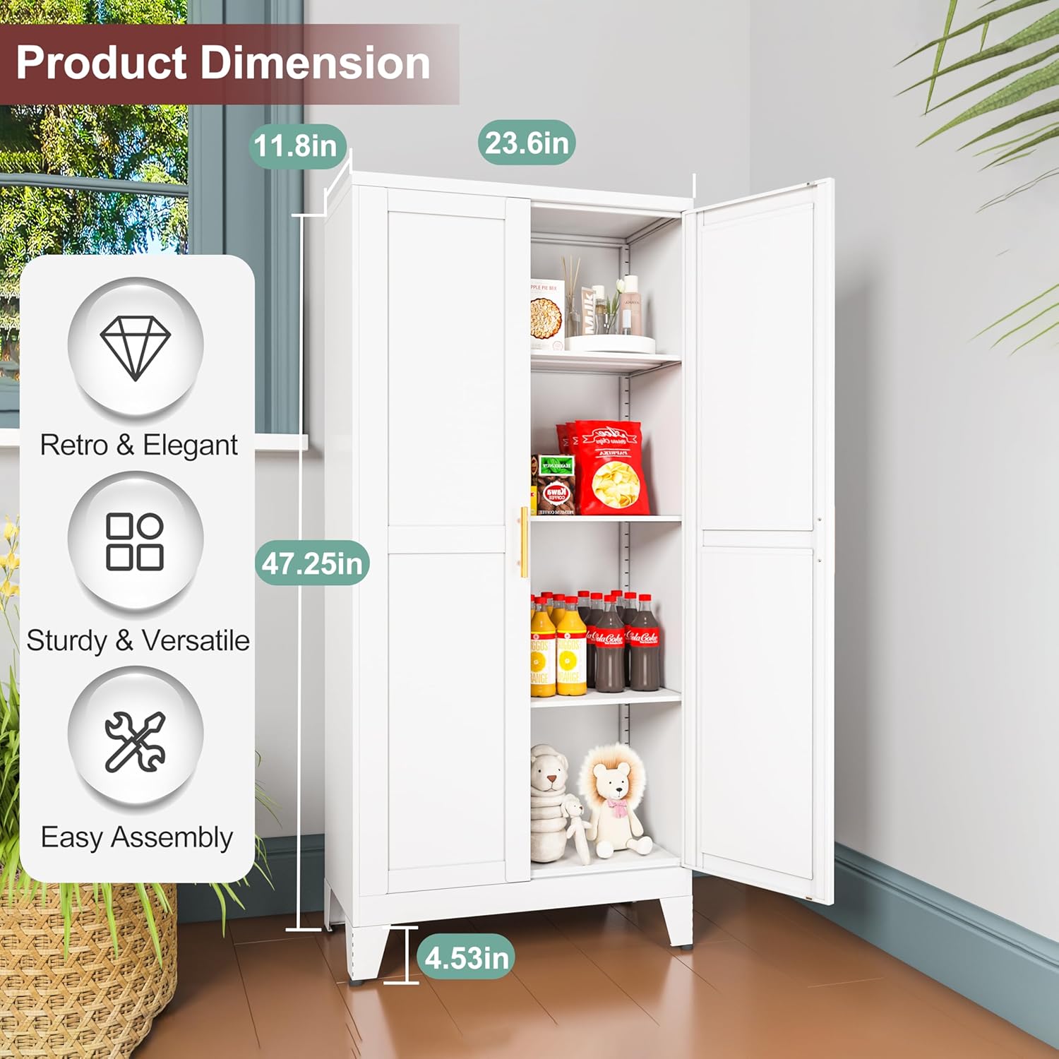 Metal Pantry Cabinet with 2 Doors and Adjustable Shelves, Kitchen Storage cabinets with Gold Handles, Versatile Storage for Laundry/Living Room,Bathroom,Dinning Room-White