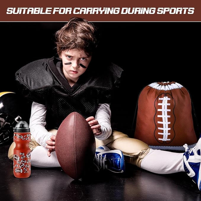 24 Pcs 24 oz Football Water Bottle Bulk and Drawstring Bag Set 12 Reusable Plastic Biking Water Bottle Tumbler 12 Sport Gym Goodie Gift Bag for Party Favor (Brown)
