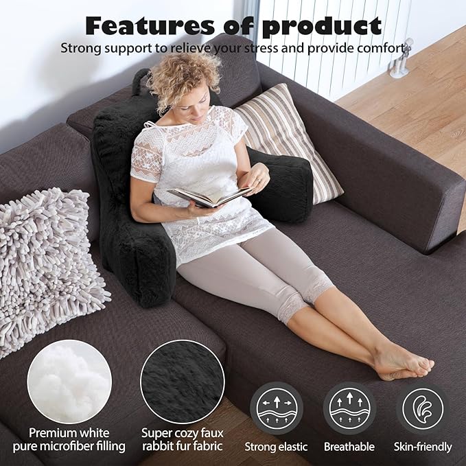 Reading Pillow Large Bed Pillow,Backrest with Arms, Back Support for Sitting Up in Bed, Couch for Lounging Bedrest,Black