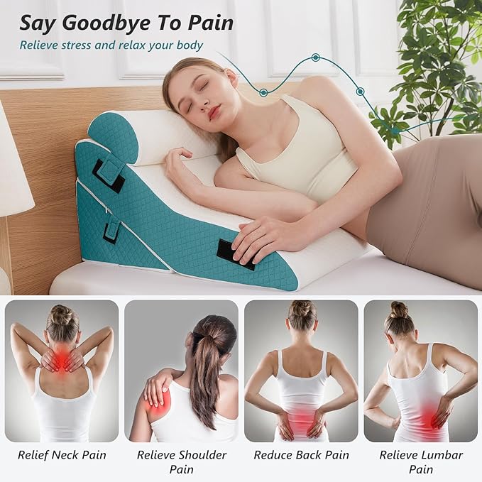 3 PCS Upgraded Bed Wedge Pillow for Sleeping - 35D Post Surgery Pillow for Back Leg Pain Relief - 22" Wide Adjustable Triangle Wedge Pillow Set for Acid Reflux & GERD & Snoring(white blue)