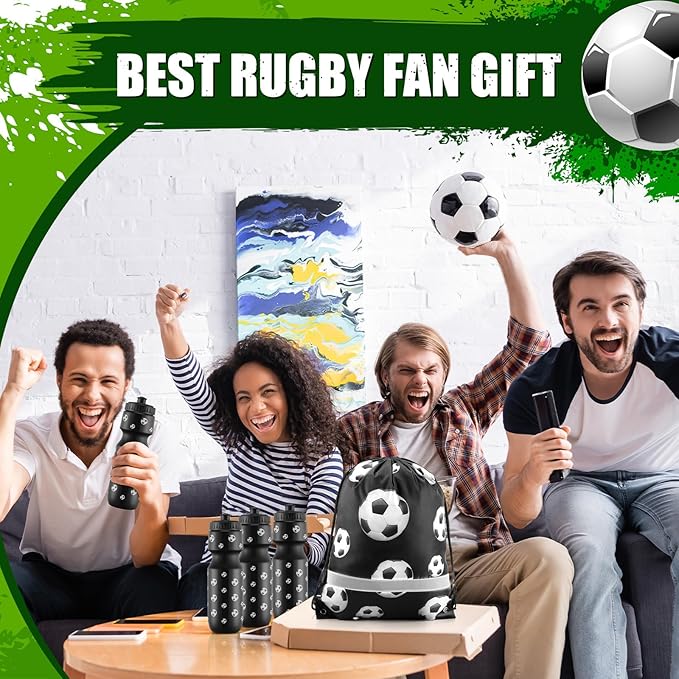 4 Pcs Soccer Party Favors, Soccer Drawstring Bags Goodie Treat Bags and 24 oz Squeeze Water Bottles