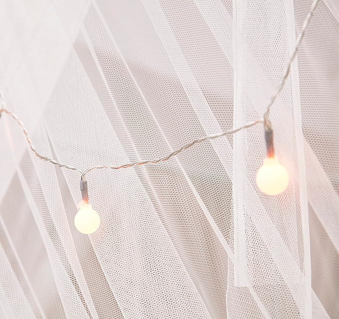 Mengersi Canopy Bed Curtains Bed Canopy with Lights for Girls, Bed Netting Unique Style 4 Door Mosquito Net for Adults Women Bedroom (White+Lights, Full/Queen)