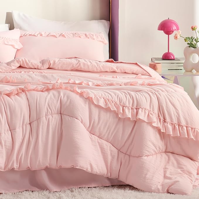 Bedsure Pink Comforter Set Queen - Ruffle Comforter, Cute Shabby Chic Boho Bedding Comforter Set for Girls, Lightweight Fluffy Soft Bed Set with 2 Pillow Shams